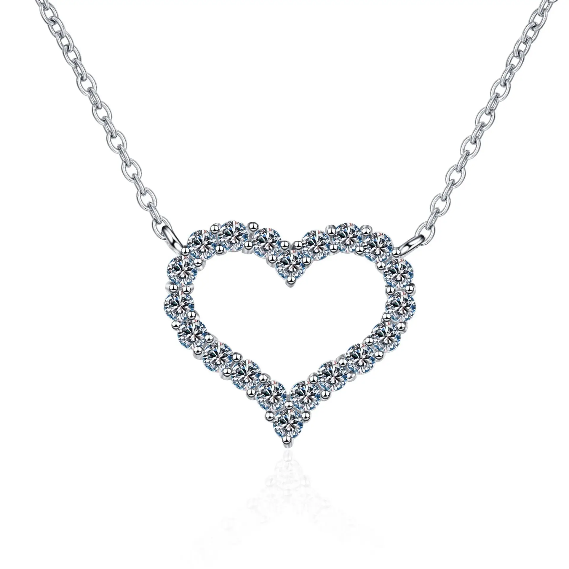 

s925 sterling silver row diamond heart hollow necklace female Mosan diamond plated pt950 gold anniversary gift