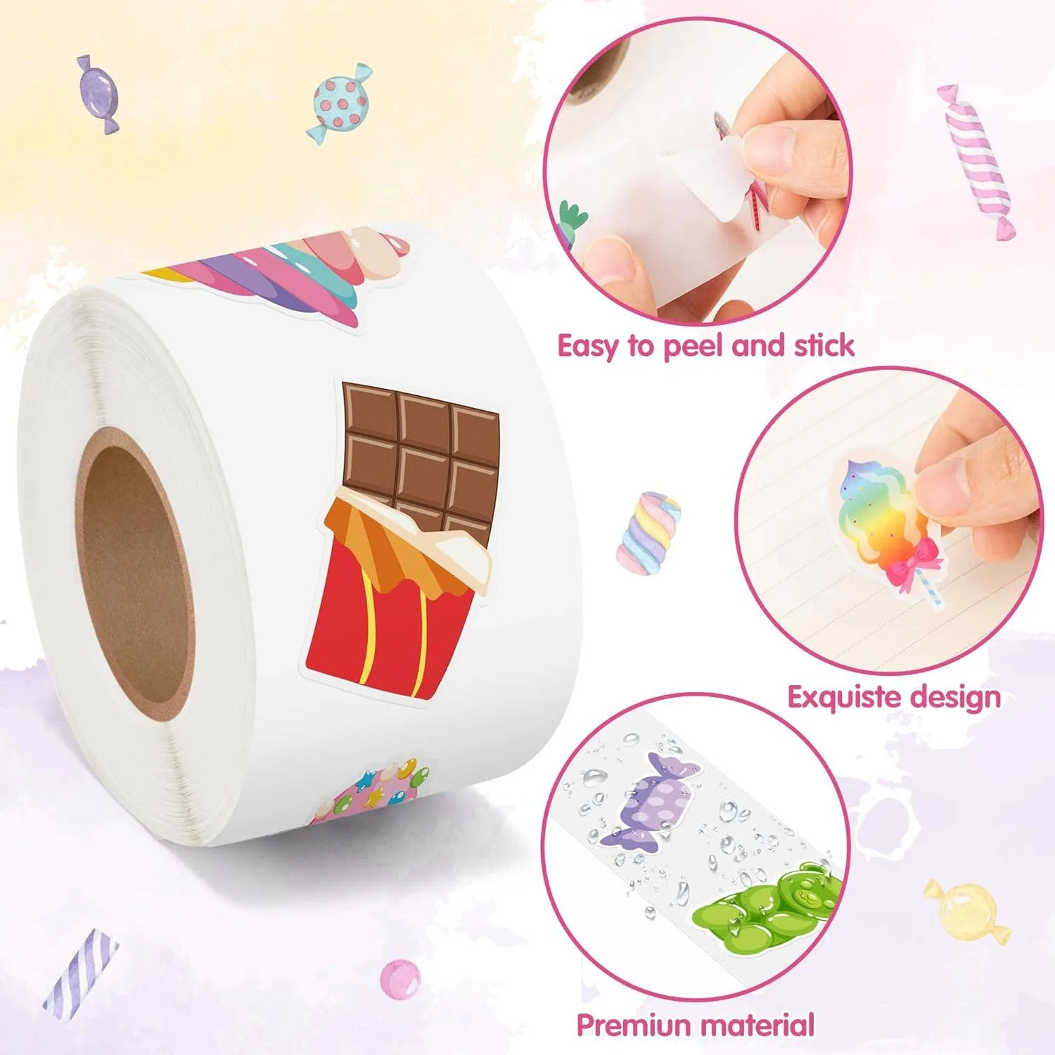 500 Stück Süßigkeiten-Party-Aufkleberrolle – niedliche Dessert-Aufkleber für Geschenke, Laptop, Flasche, Scrapbooking, Gepäck, Computer, Umschlag, Dekoration für Kinder – Detail 3