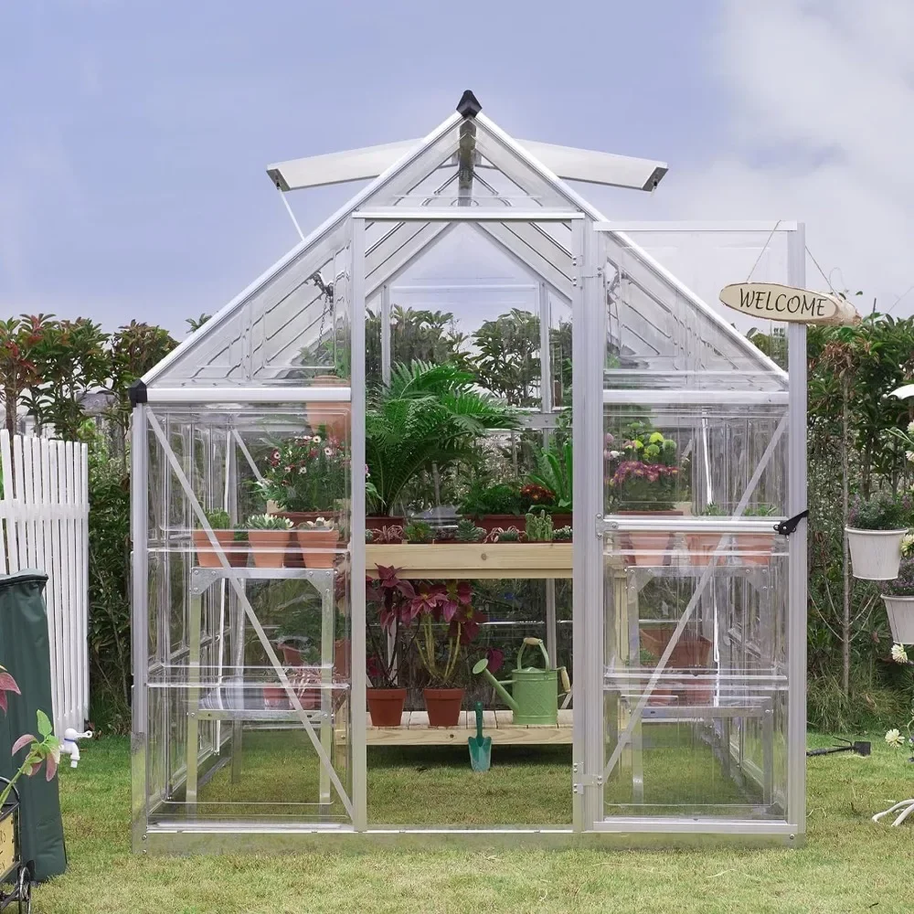 6x8 FT Hybrid Polycarbonate Greenhouse with 2 Vent Window, Aluminum Hot House for Outdoor with Lockable Hinged Door