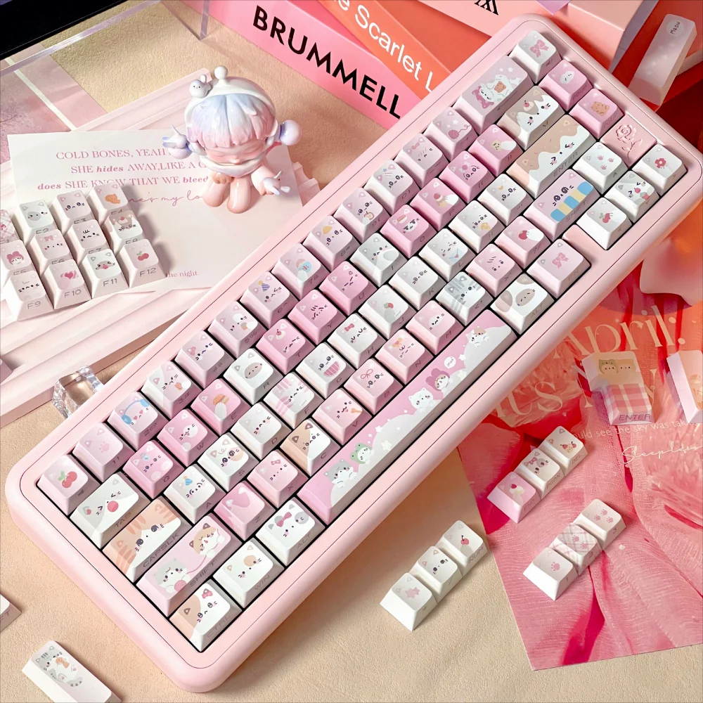 Cat Squad V2 Cherry Keycaps PBT 135 Keys DIY Cute Girls Keycaps Adaptable 60/80/87/98/104/108 Mechanical Keyboards