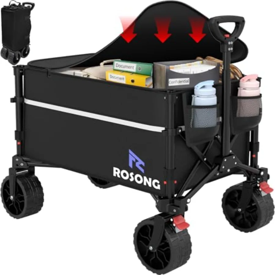 

Foldable Heavy Duty Collapsible Wagon Cart with Wheels for Grocery Sports Garden Shopping Camping 120L Black with Cover