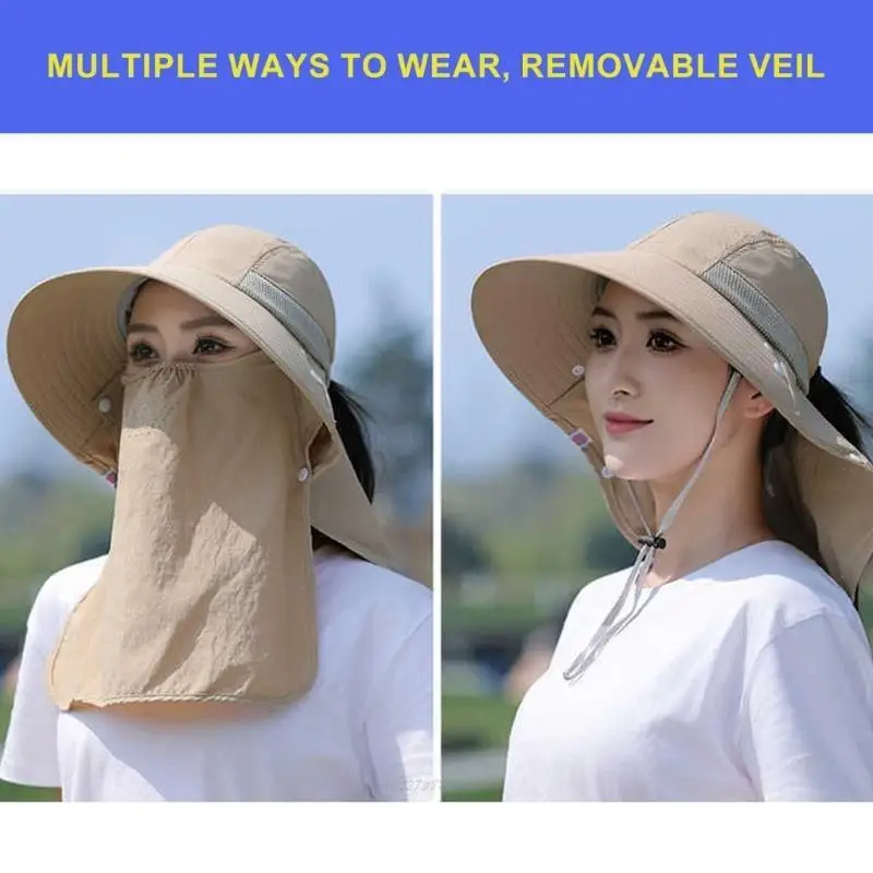 X5XA Women 2IN1 Sun Hat Wide Brims Sunshade Hat Breathable Face Covers Hat with Neckcover for Outdoor Camping and Fishing