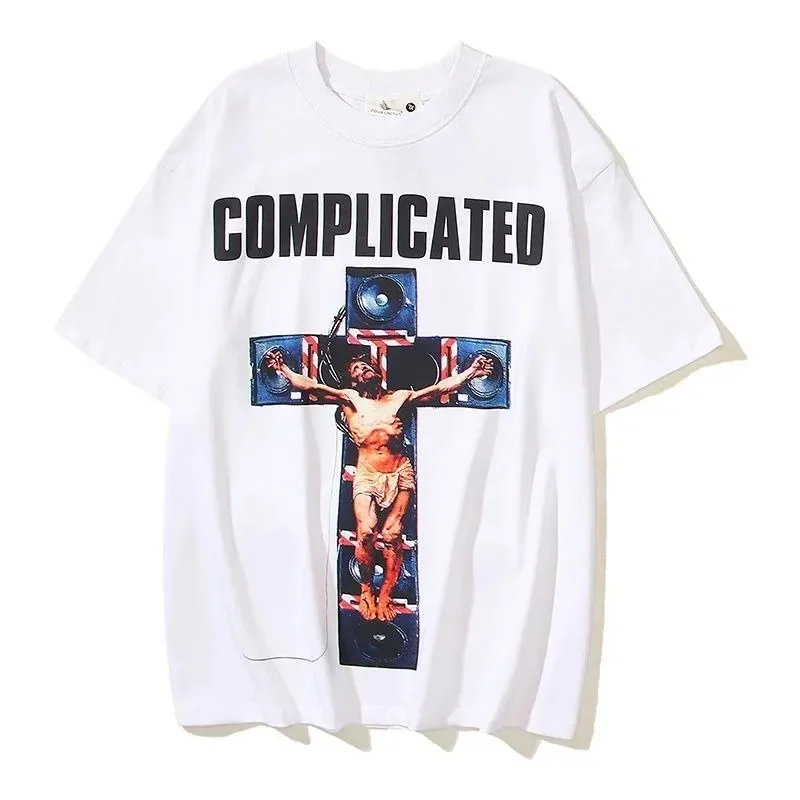 Saint Michael Cross Audio Cross Printed Apricot Casual Crew Neck Short Sleeve T-Shirt Tee