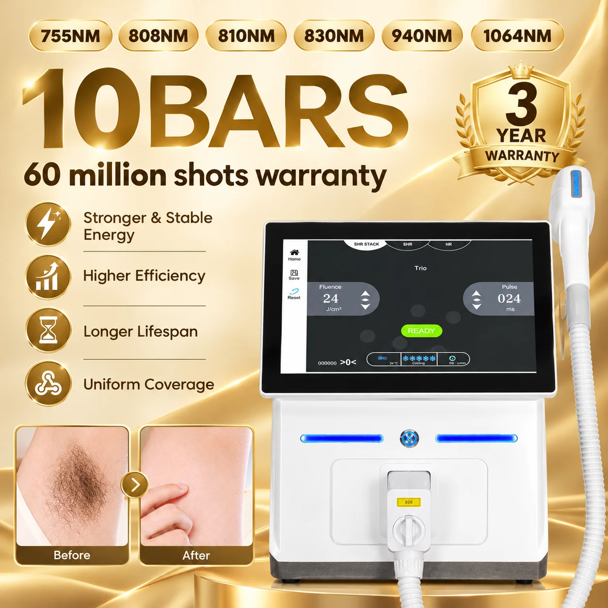 10BARS Diode Laser Hair Removal Machine 6 Wavelength 755 808 810 830 940 1064nm 60 Million Shots Professional Beauty Equipment