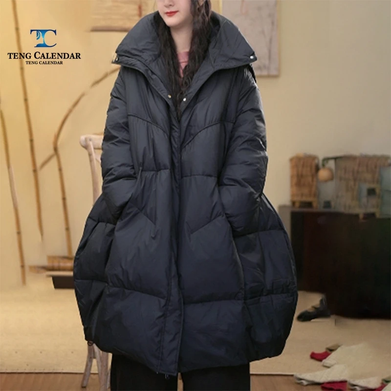 フード付きふわふわAラインダウンジャケット、ヨーロッパ風オーバーサイズゆったりホワイトダックダウン暖かいジャケット、2025年冬新作