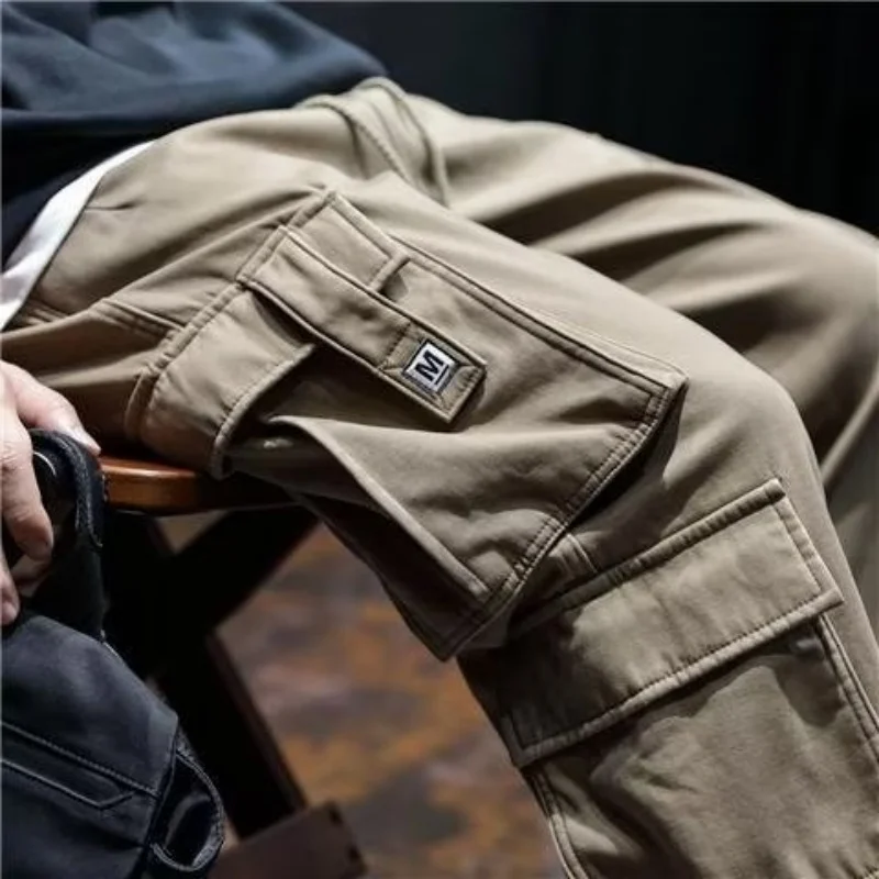 캐주얼 팬츠, 패셔너블한 브랜드 포켓 장식, 겨울 작업복 팬츠, 루즈핏 남성 크롭 팬츠