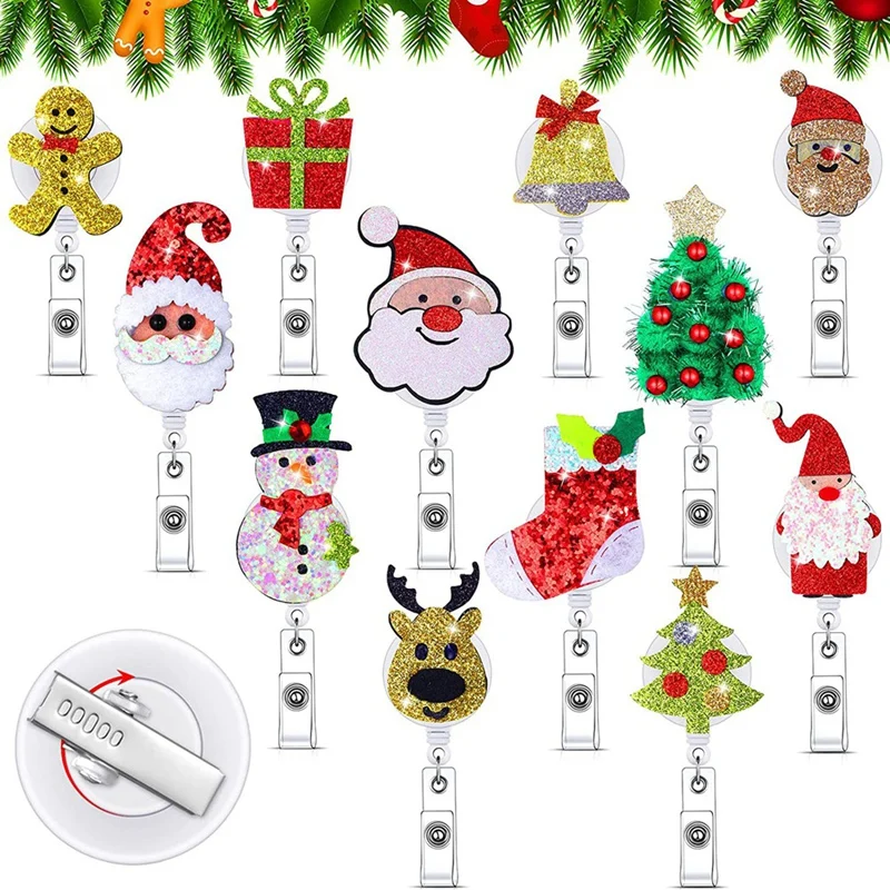 

12 Pcs Christmas Badge Reel Felt Badge Holder,For Nurse Teacher Women Men Office Stocking Stuffer Ornament Gifts