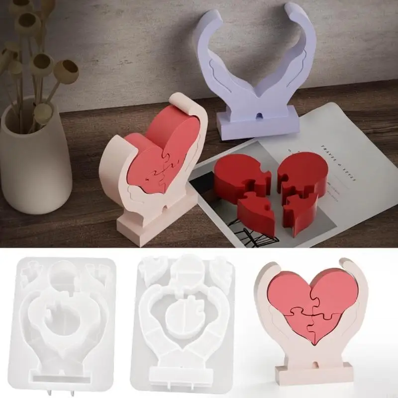 R3MC Hands Holding Heart Puzzle Silicone Mold DIY Epoxy Mold Ornaments Making Mould
