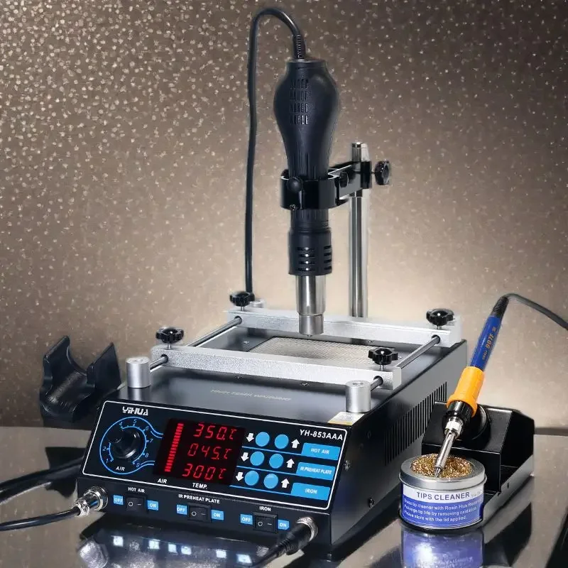 853AAA 3 In 1 LED Display BGA Rework Löten Station Heißluft Pistole PCB Vorwärmen Station Entlöten Lötkolben Werkzeuge