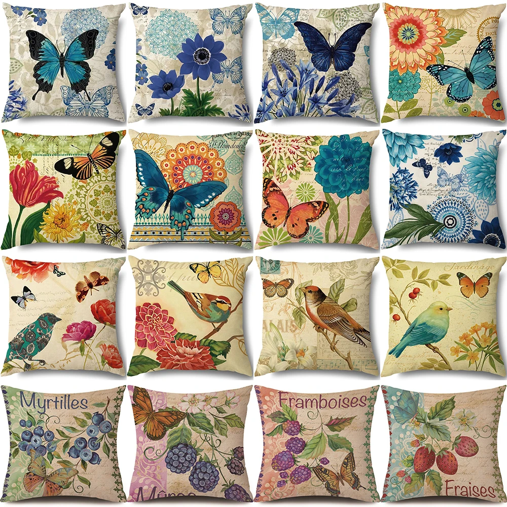 

Butterfly Cushion Cover Square Throw Pillow Case Flowers Plant Printed Pillowcase Farmhouse Home Couch Decorative Pillow Cover