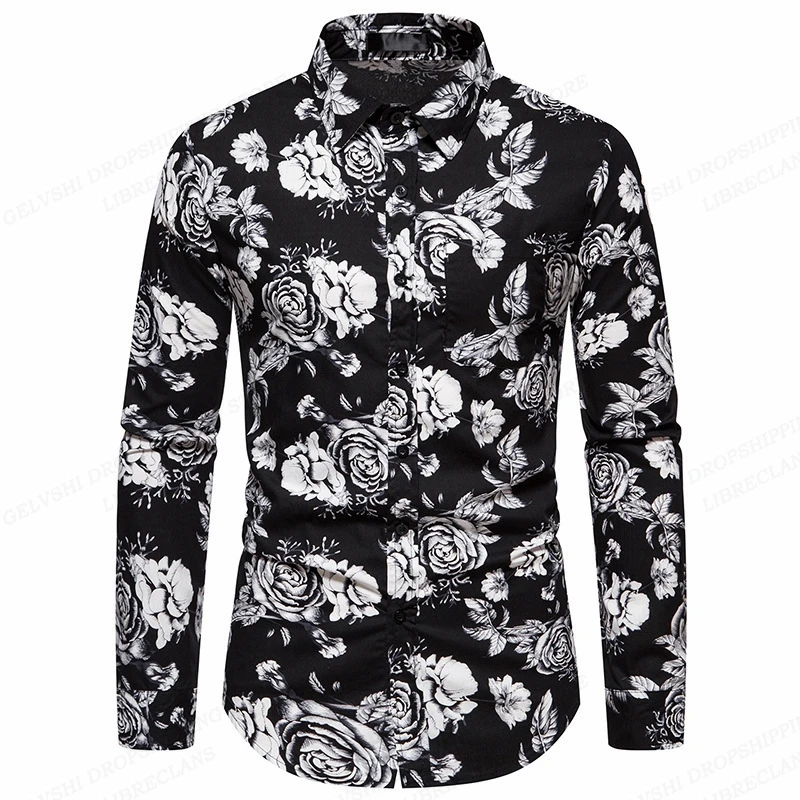 Floral Shirts Men Fashion Shirt Long Sleeve Hawaiian Shirts Cuba Beach Blouse Men\'s Clothing Button Up Camisas Single Breasted