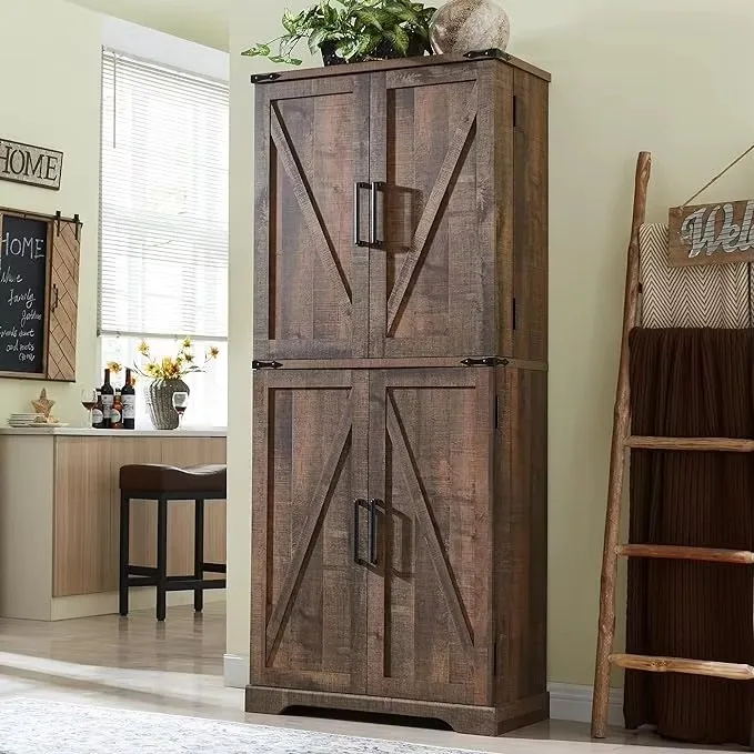 Minimalist Farmhouse Tall Storage Pantry, Double Barn Style Doors, Adjustable Shelves, Large Capacity Cupboard for Home Kitchen