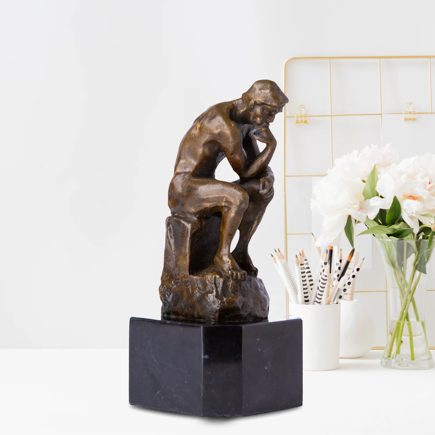 20cm Bronze Thinker Statue Famous Rodin Bronze Thinker Sculpture With Marble Base Home Office Indoor Decor Collection Gifts