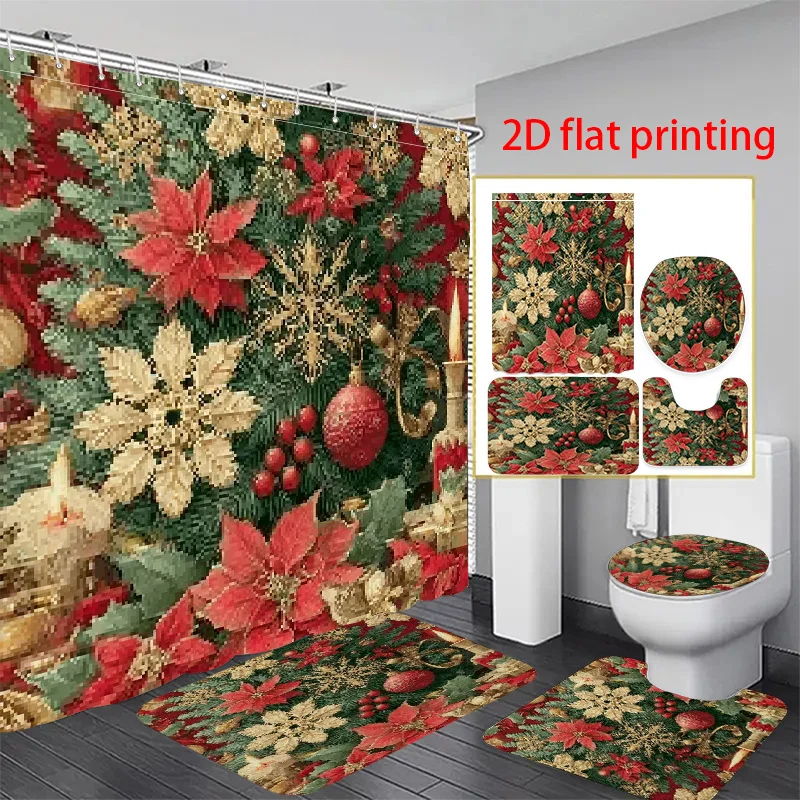 

4pcs 2D flat printing Hower Curtain Shower Curtain Set Christmas Decorations with Poinsettias and Berries. Used dormitories