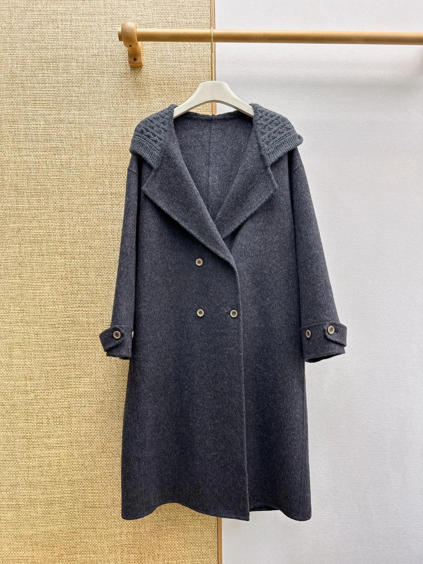 Women Mid-length Hooded Double Faced Wool Coat Fall Winter New, Cable Knit Spliced Fake Two-piece Outerwear