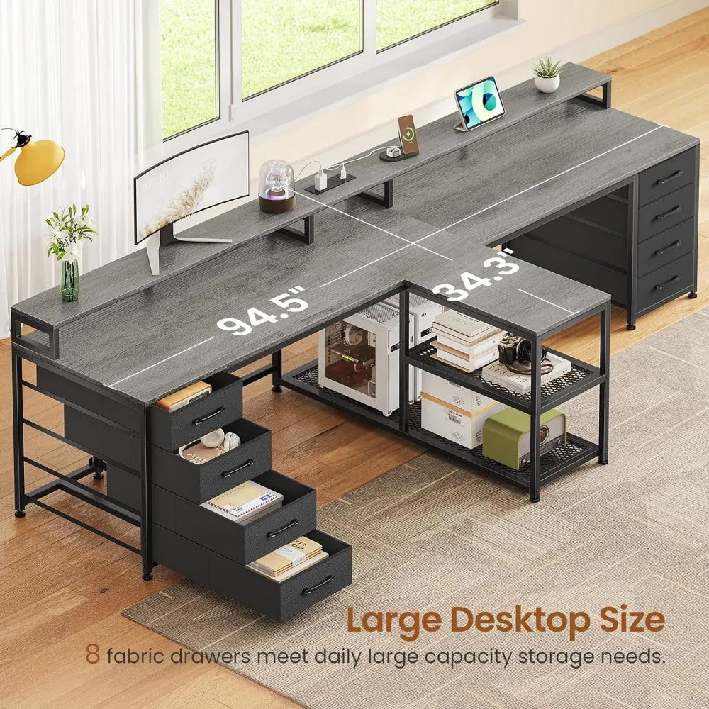 Dual-Person Gaming Desk with 8 Drawers, LED Lights, Storage, and Power Strip for Long Office Computer Desks