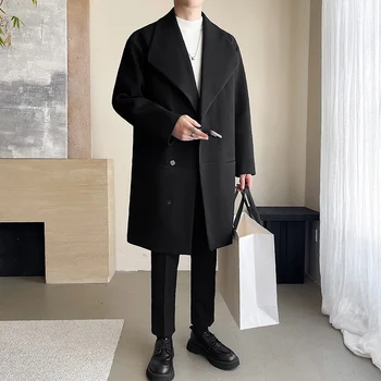 Men's Warm Wool-Fabric Mid-Length Overcoat 3 Trench men 2025 New Men Overcoat Windproof Warm Single Breasted Mid Length Two Button Overcoat Collar Wool Fabric Winter Coat 3