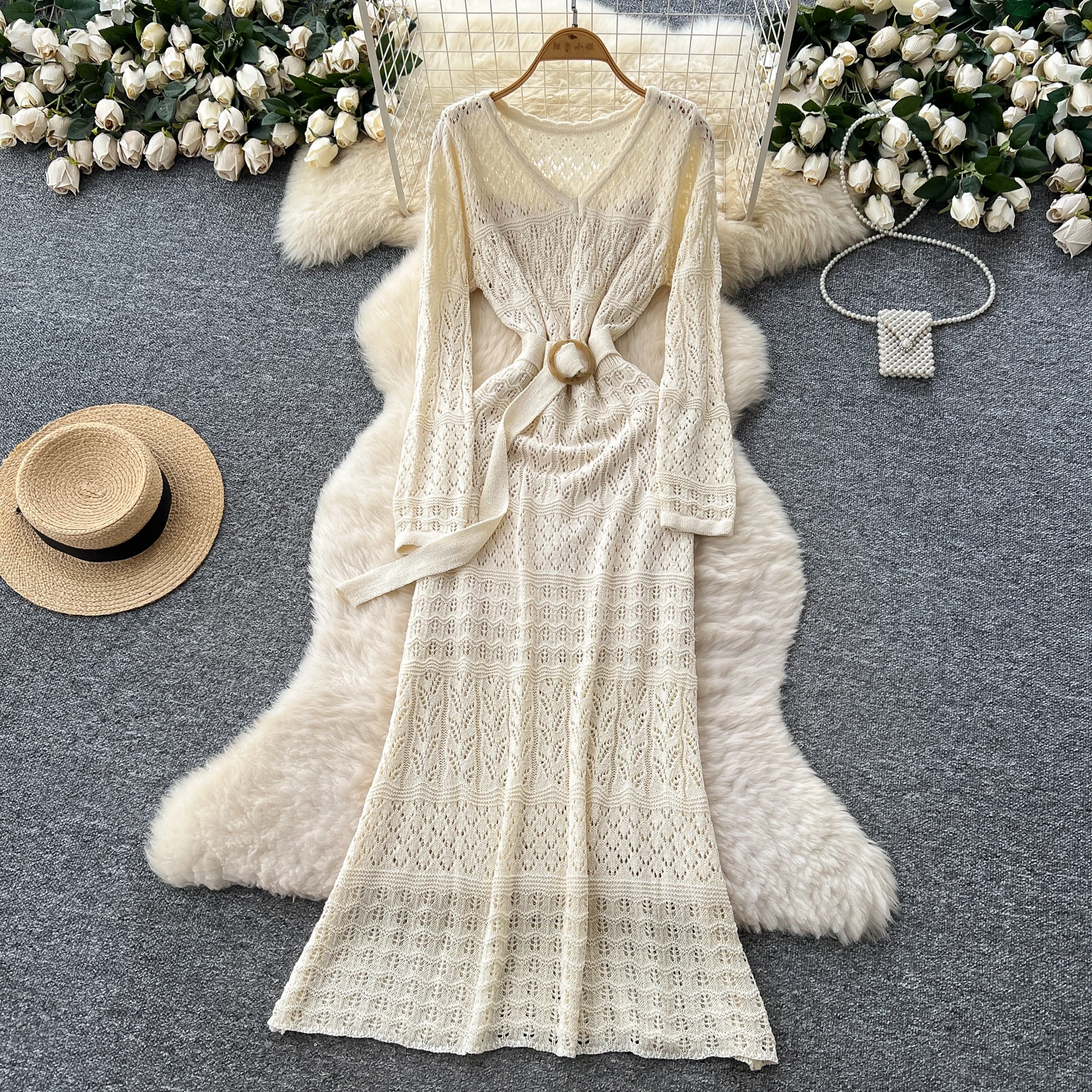 Chic vintage scollo a V telai in maglia scava fuori Elegante fata moda coreana Boho vestito estivo autunno abbigliamento donna Abito lungo