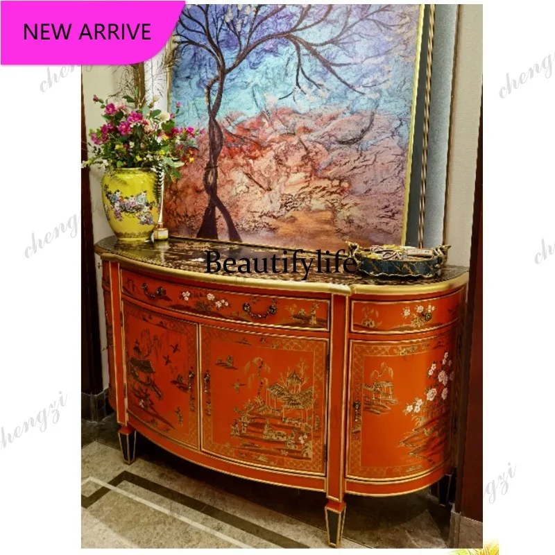 P3  High-end French retro hand-painted semi-circular entrance cabinet storage art decorative cabinet