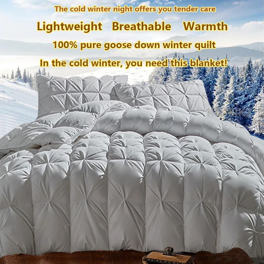 High Grade 100% White Goose Down Quilt  Winter Warm Duvet Extra Large Double Single Lightweight 3D Bread Design Pleated Edge