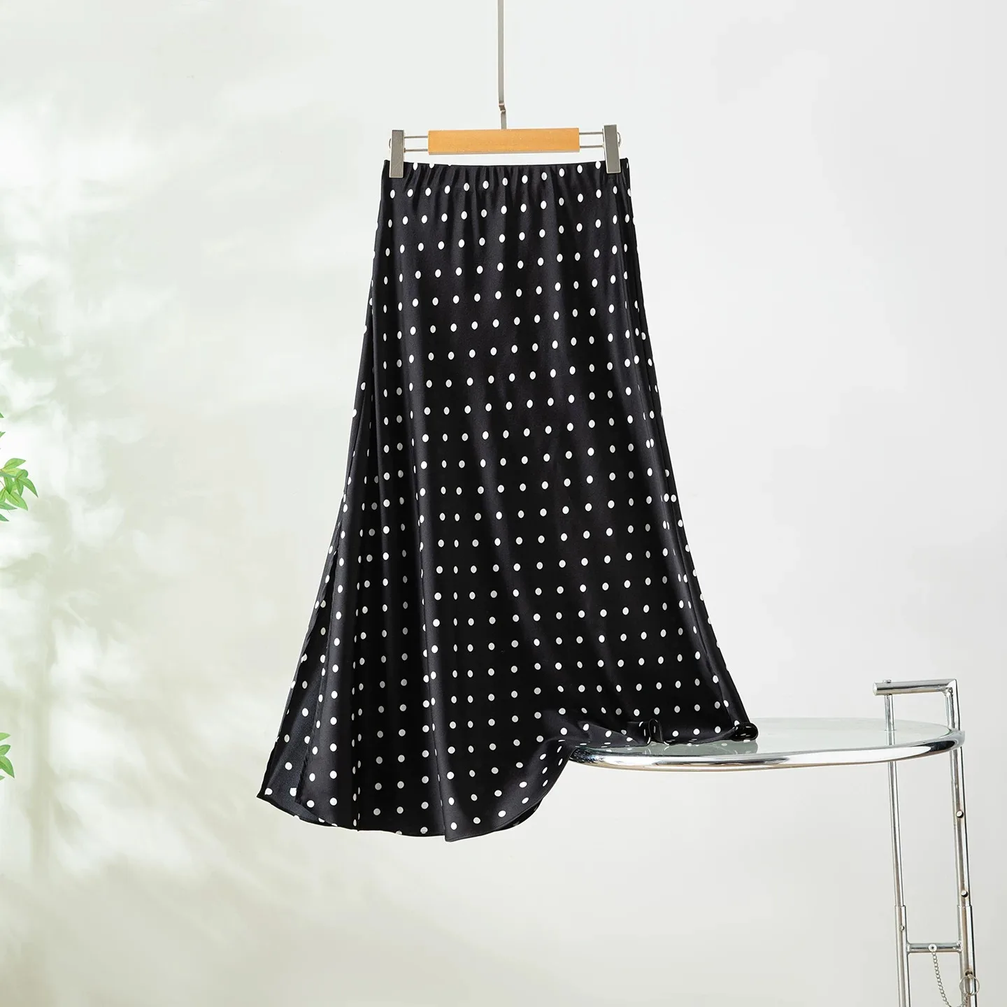 Winsleter-93%Silk 7%Spandex Elegant Skirts, Elastic Waist Dot Print, Women French Commute A-line Skirt, 2026 Summer New B66606CC
