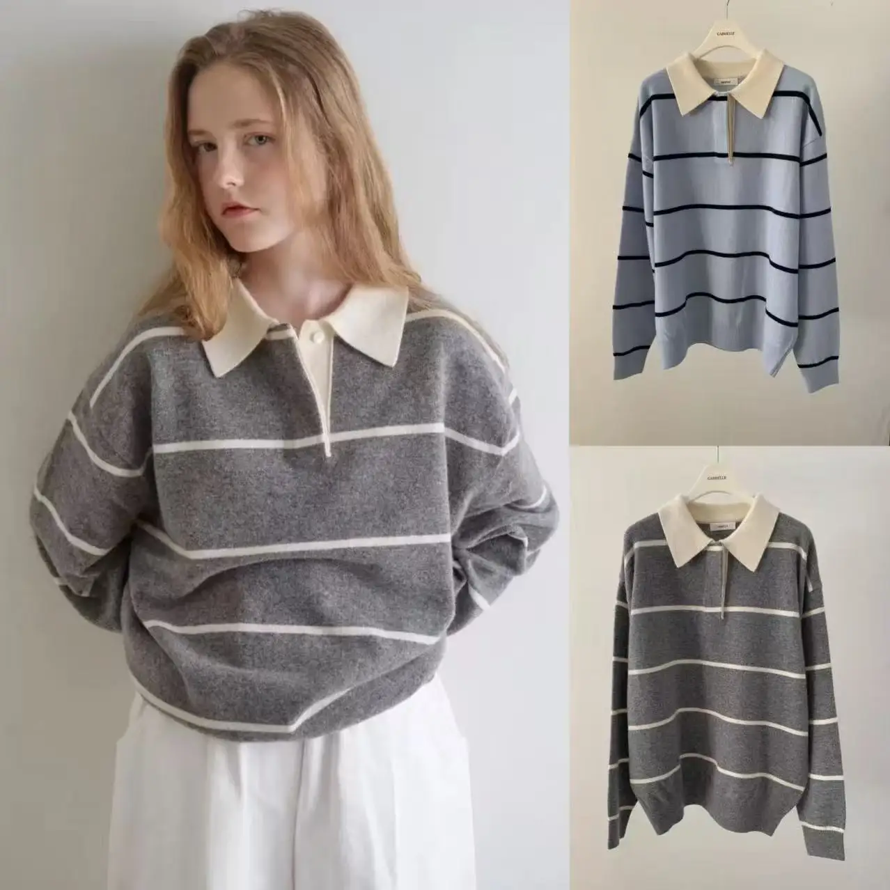 

Gabrielle 2025 Autumn Loose Fit Sweater Casual Striped Color Blo Knitwear Long Sve Creative Pattern Daily Wear