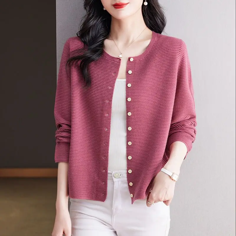 2024 New Summer Elegant Fashion Bohemian Retro Office Lady Coat Women Knitting Button Solid Color O Neck Long Sleeve Y2K Tops