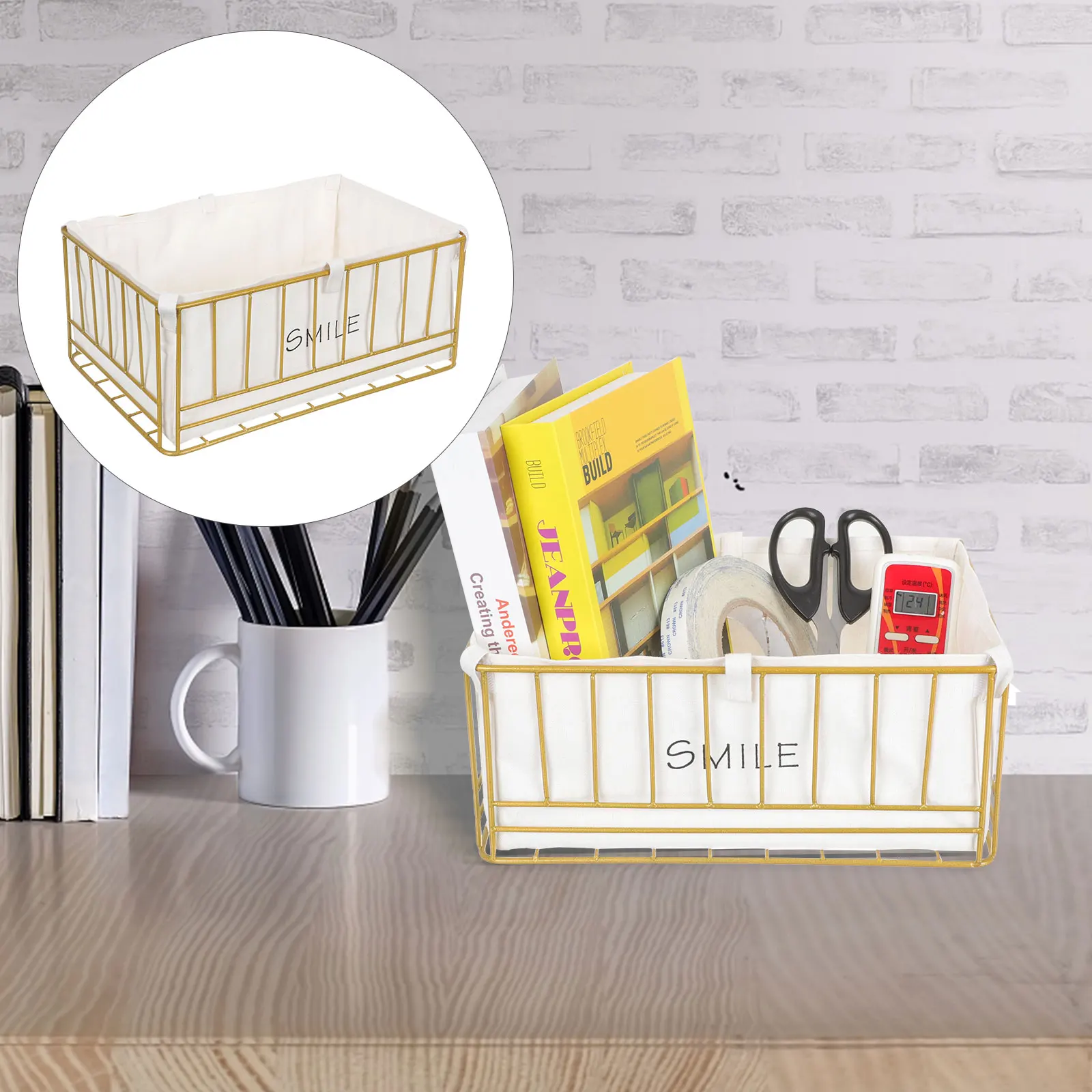 

Multifunctional Metal Wire Storage Basket With Fabric Liner Desktop Organizer Sundries Holder Home Decorative Household Utility