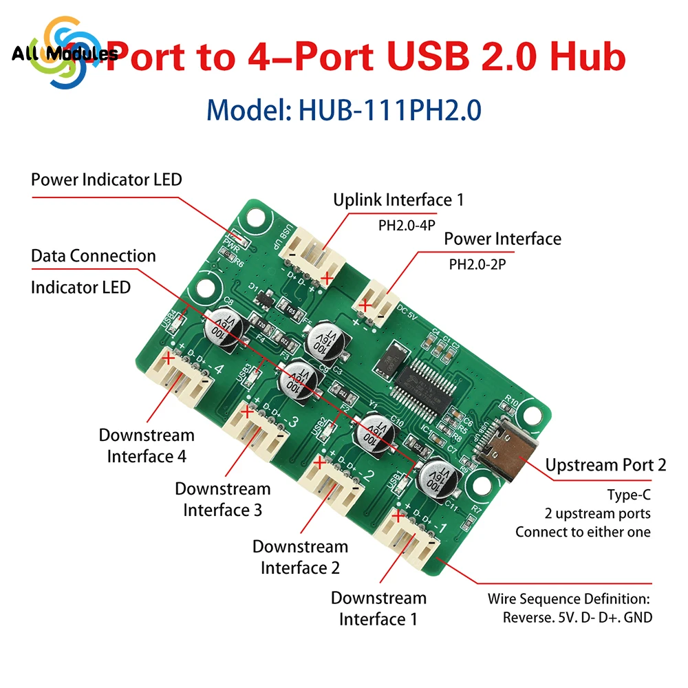DC 5V 1-to-4 Port USB 2.0 Hub Module Drive USB Splitter Electronic Development Expansion Board XH2.54 PH2.0 Interface