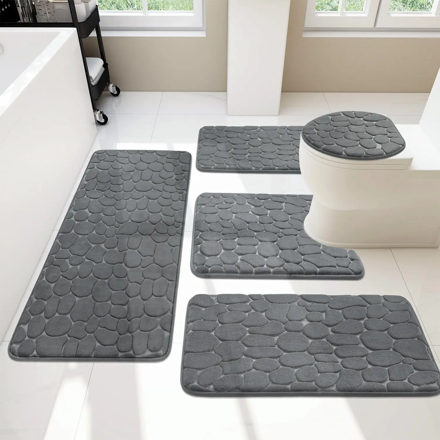 

5-Piece Dark Grey Memory Foam Bathroom Rug Set, Non-Slip Water Absorbent Washable Mats for Sink, Toilet, Floor