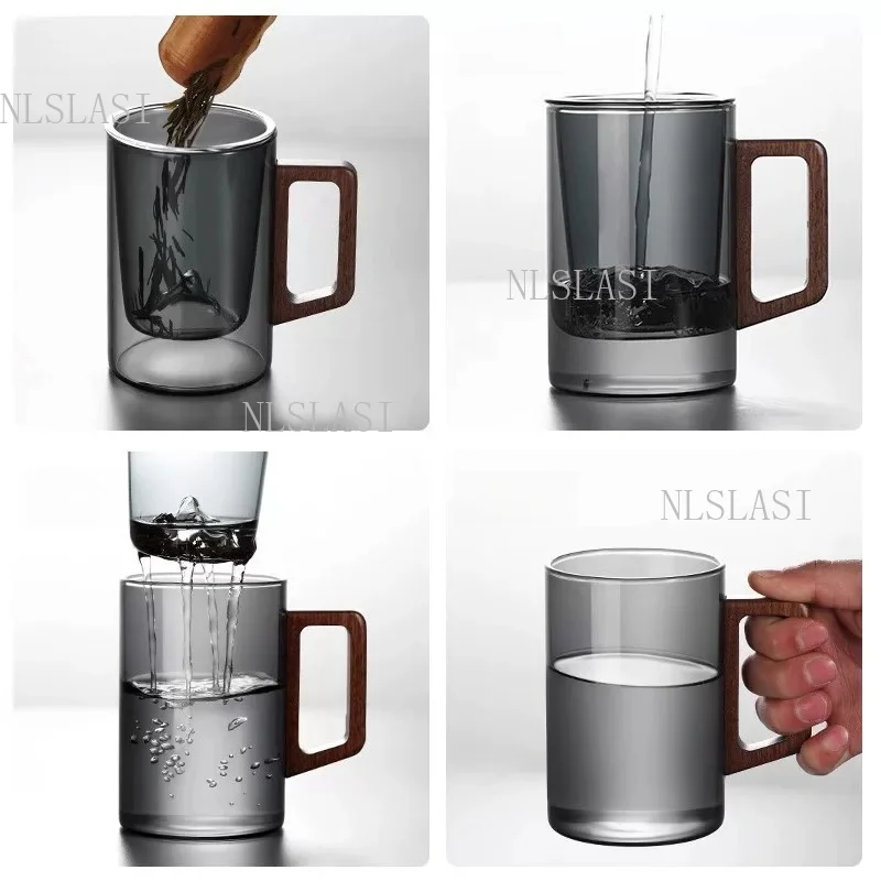 Smoky Gray Double Wall Glass Tea Mug Wooden Handle Built-in Mountain Tea Infuser with Wooden Lid Household Tea Brewing Cup view 4