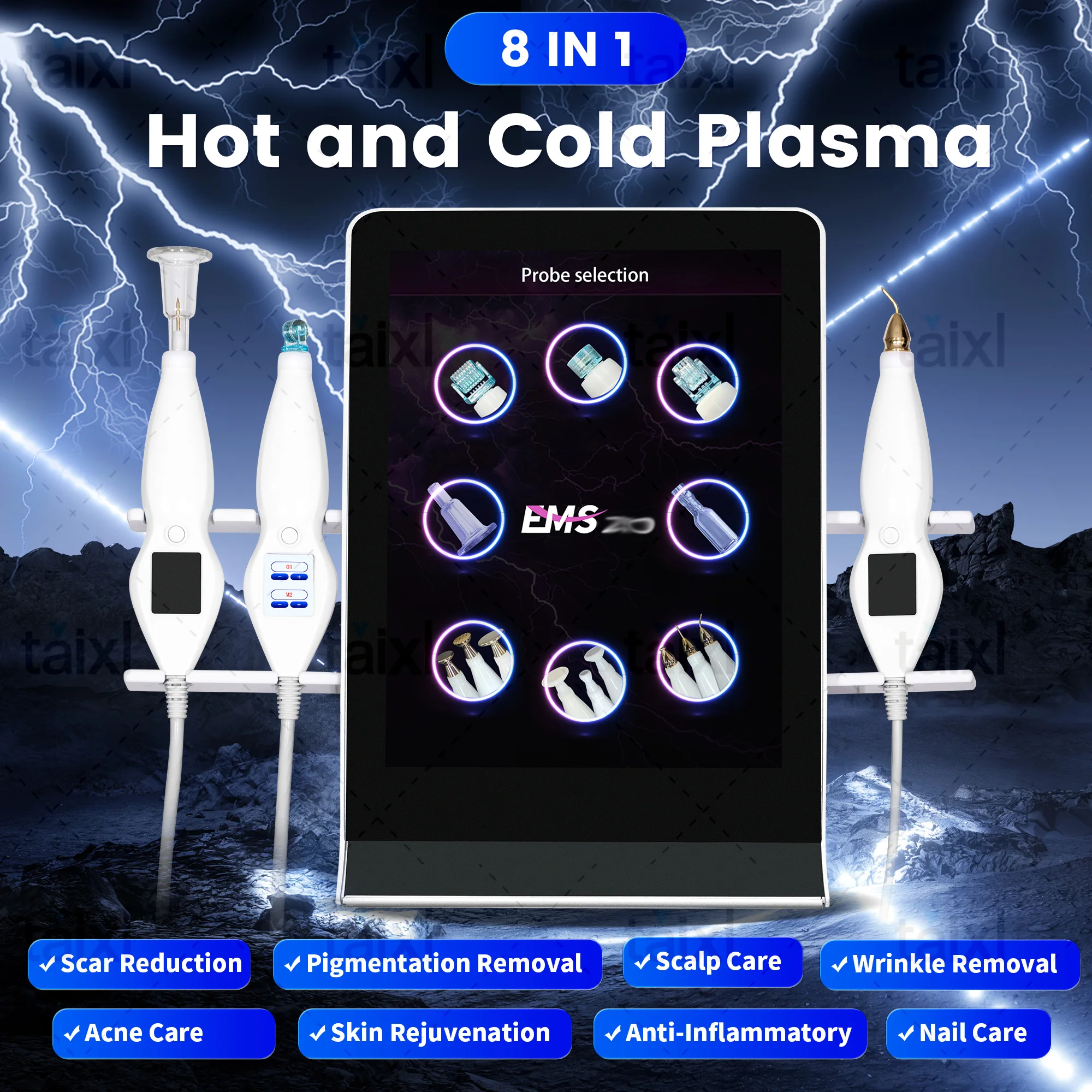 New 8 IN 1  Cold And Hot  Plasma Machine Anti-Bacteria Acne Treatment Invasive Wrinkle Removal  Skin Rejuvenation Whitening