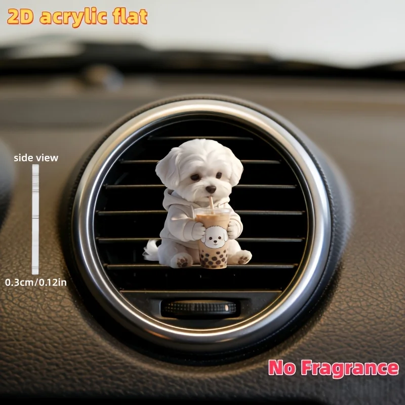 1 Pc Cute Maltese Dog Drinking Bubble Tea Car Vent Clip Decoration, Flat 2D Design with Hoodie Unscented
