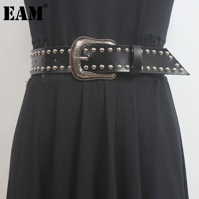 

[EAM] Pu Leather Black Rivet Long Vintage Wide Belt Personality Women New Fashion Tide All-match Spring Autumn 2024 1DH5551