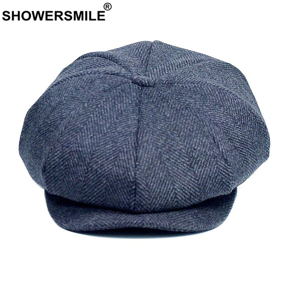 SHOWERSMILE Tweed Plaid Newsboy Cap Wool Men Hat British Style Brand Flat Cap Woolen Octagonal Cap Autumn Winter Male Beret