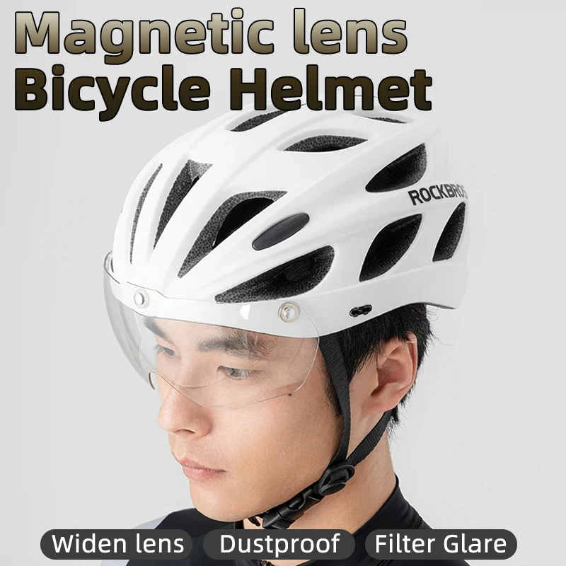 ROCKBROS Lightweight Bicycle Helmet with Magnetic Lens Integrated Molding Breathable Riding Helmet PC+EPS Road Mountain Bike Men