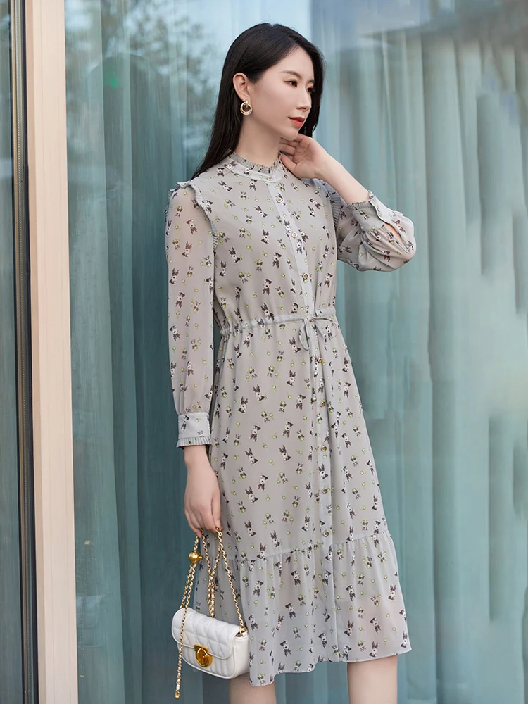 

Poetry Dream Women's Spring Summer Print Dress Bunny Rabbit Lace Collar Midi Length Long Sleeve Shirt Dress Waist Drawstring
