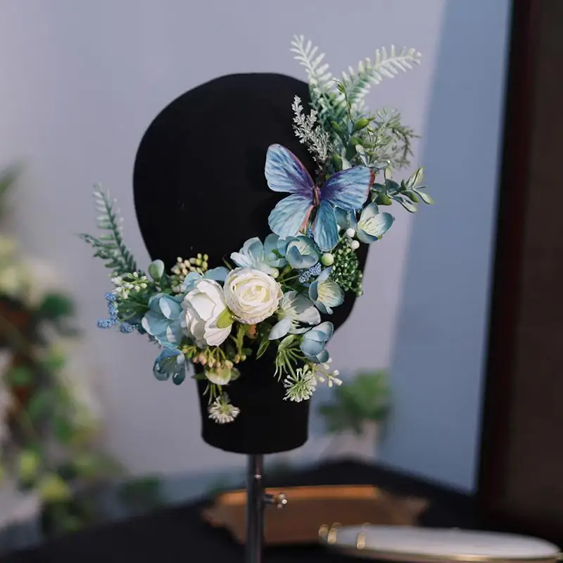 Mori simple location  bridal headdress blue silk flower Chinese classical  wedding hair accessories seaside vacation