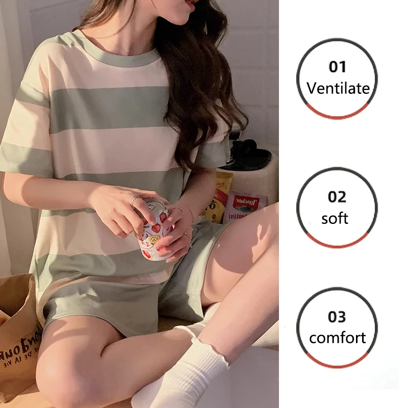 Women Pajamas Shorts Striped Round Neck Student Homewear Two-Piece Set of Pullover Short-Sleeved Shorts Small Fresh Ladies Pajam