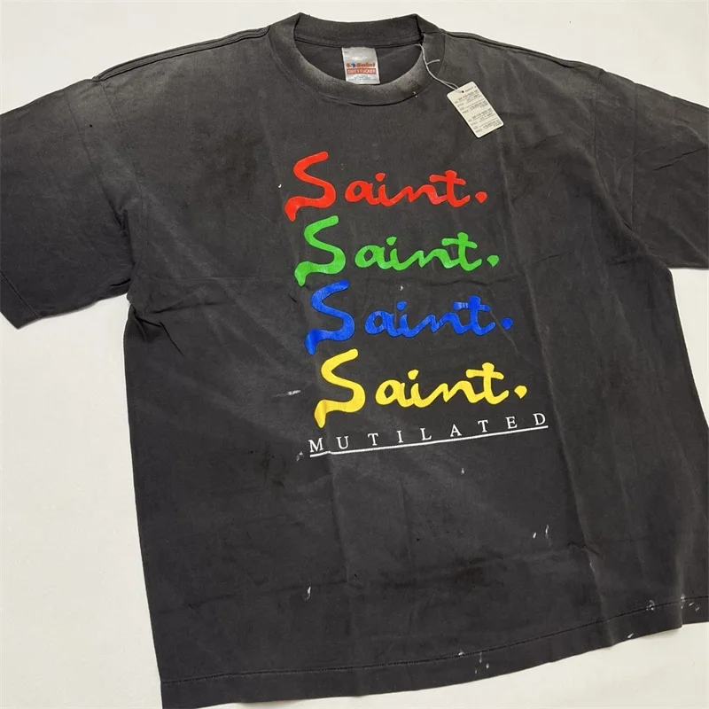 Color Saint Letter Print SAINT Mxxxxxx Washed Black T-Shirts Men Women 1:1 Best Quality Oversized T Shirt