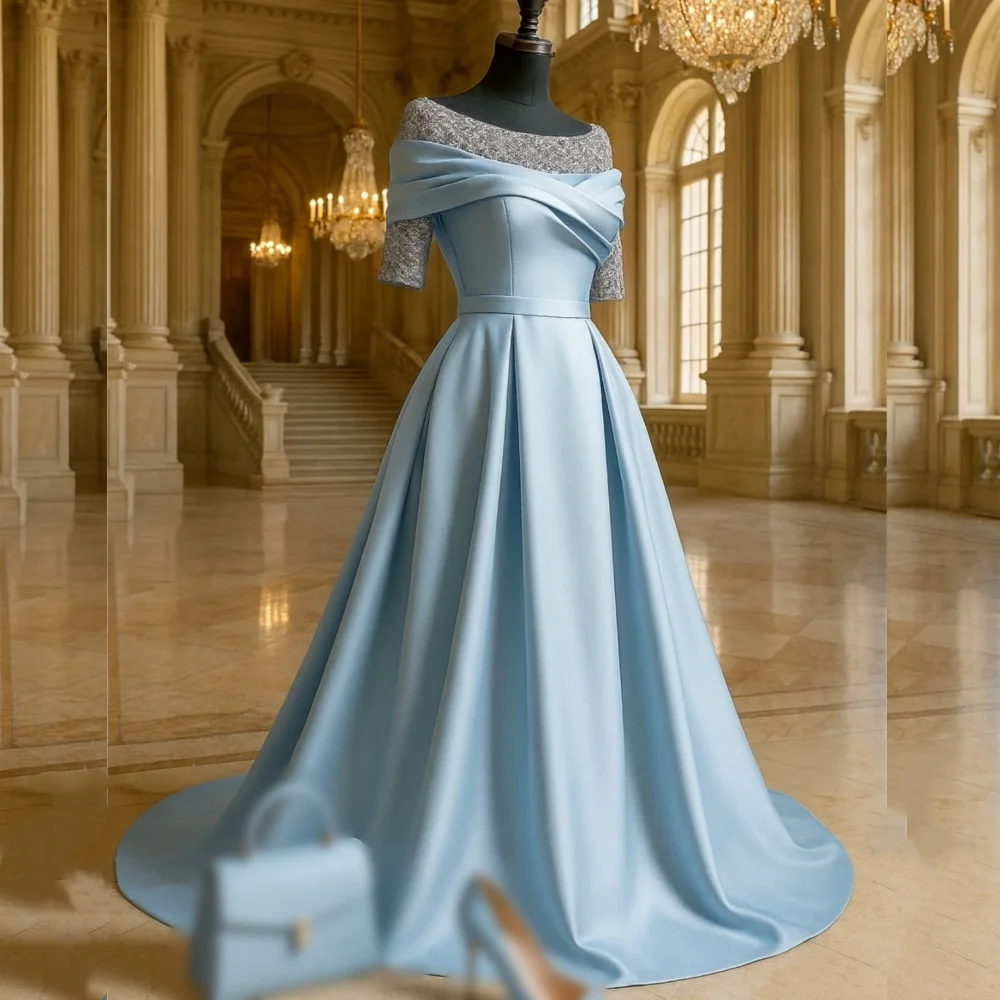 

Customized Fashion Elegant Charmeuse Sequined Pleat A-line Scoop Neck Long Dresses Bespoke Occasion Sexy