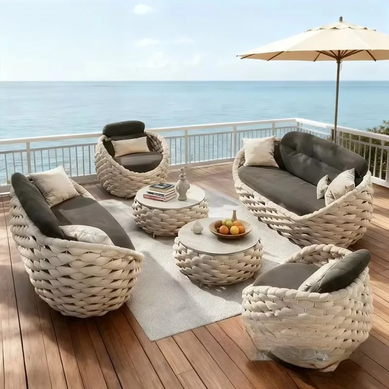 Modern Outdoor Furniture Waterproof Weather Resistant  Rope Weaving Garden Sofa Set for Courtyard Hotel Patio Restaurant