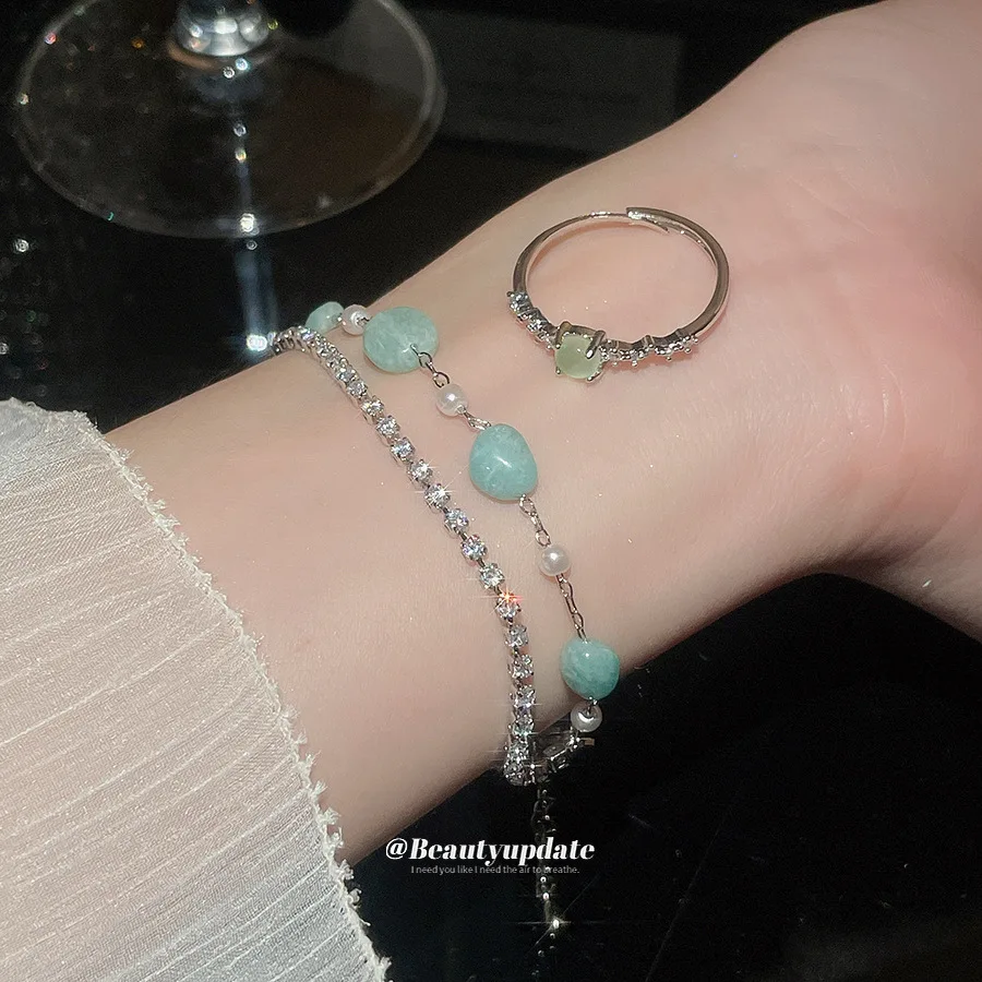 Ocean Breeze Deep Blue Beads Tiered Strand Wristlet Matching Ring Combo Set Sparkling Tennis Chain Delicate Coastal Summer
