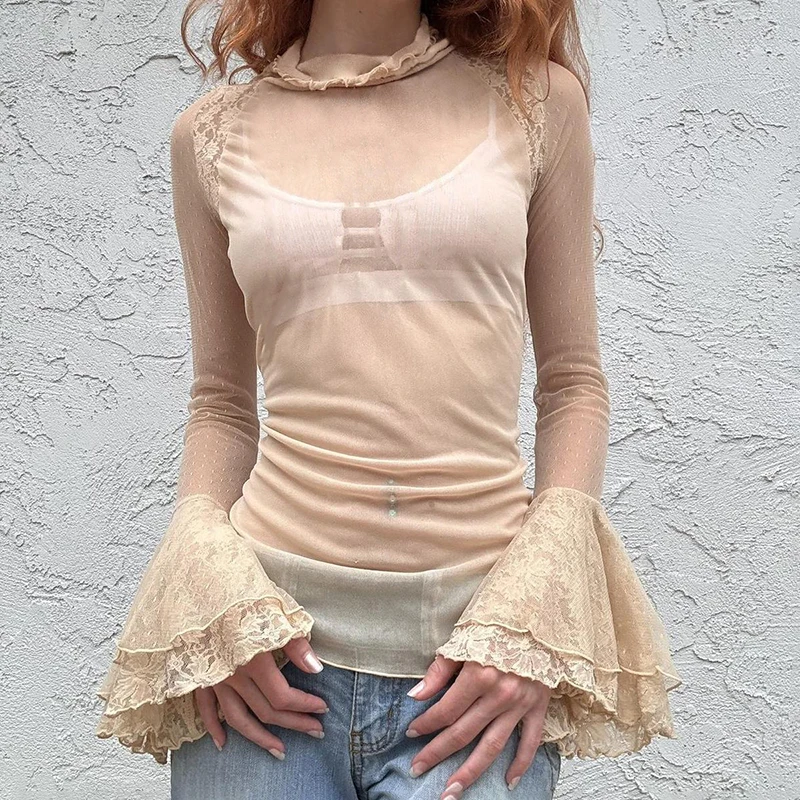 

Mesh See-through Stand-up Collar Bottoming Shirt T-shirt Lace Splicing Heavy Industry Horn Sleeve Top