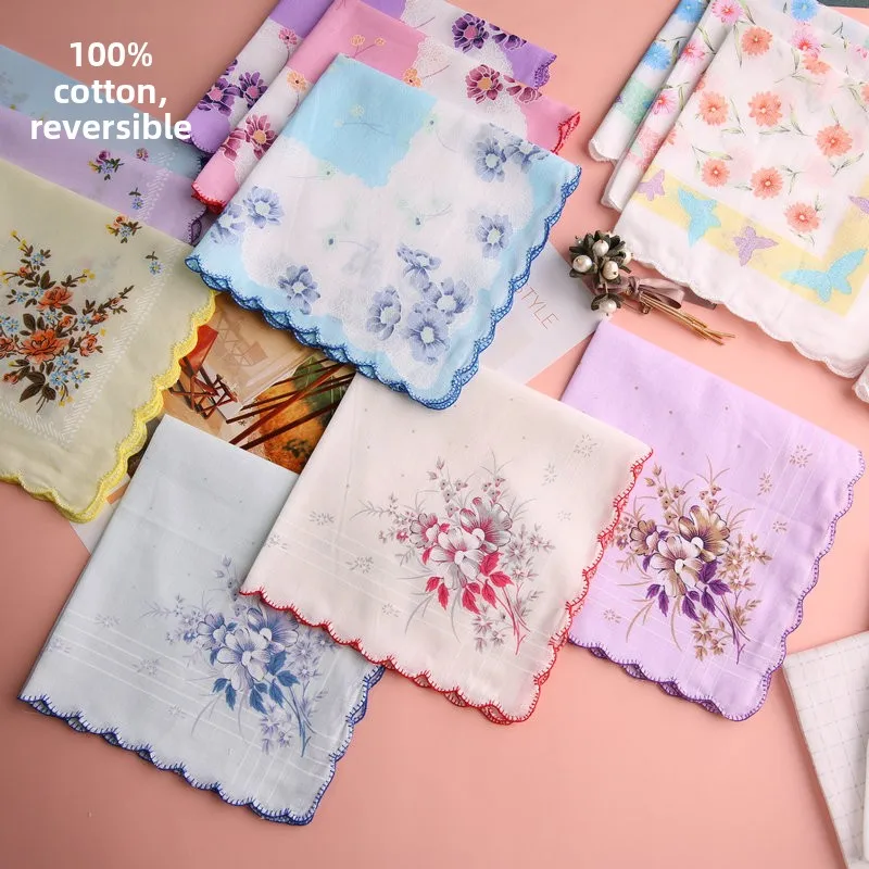 Vintage Chinese Style 100 Pure Cotton Ladies Handkerchief Exquisite Floral Print Scalloped Edge 30cm Soft Breathable Hanky For
