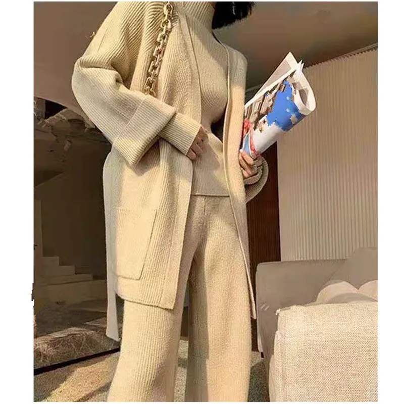 Three-piece Fashion Women\'s Solid Color Suit Knitted Suit Autumn and Winter Thickened Wide-legged Pants Bottom Sweater Cardigan