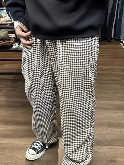 

Retro American Plaid Wide Leg Pants Casual Straight Leg School Home Design Couple Student Campus Cheered Pattern Trousers