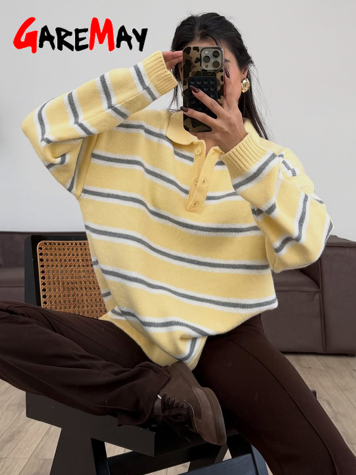 Garemay Women's Knitted Sweater Autumn Polo Brown Button-up Vintag Pullover Women Long Sleeve Pink Striped Sweater with A V-neck
