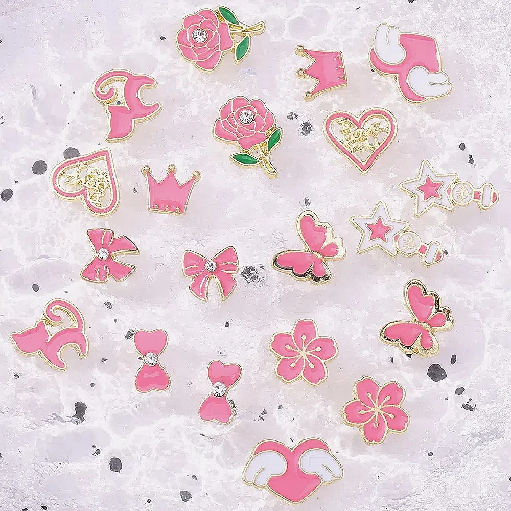 10 قطع الأزياء الوردي المينا الأظافر سحر زهرة القلب Bowknot سبيكة DIY مسمار الزينة جميلة الجناح المعلقات مسمار الفن مجوهرات