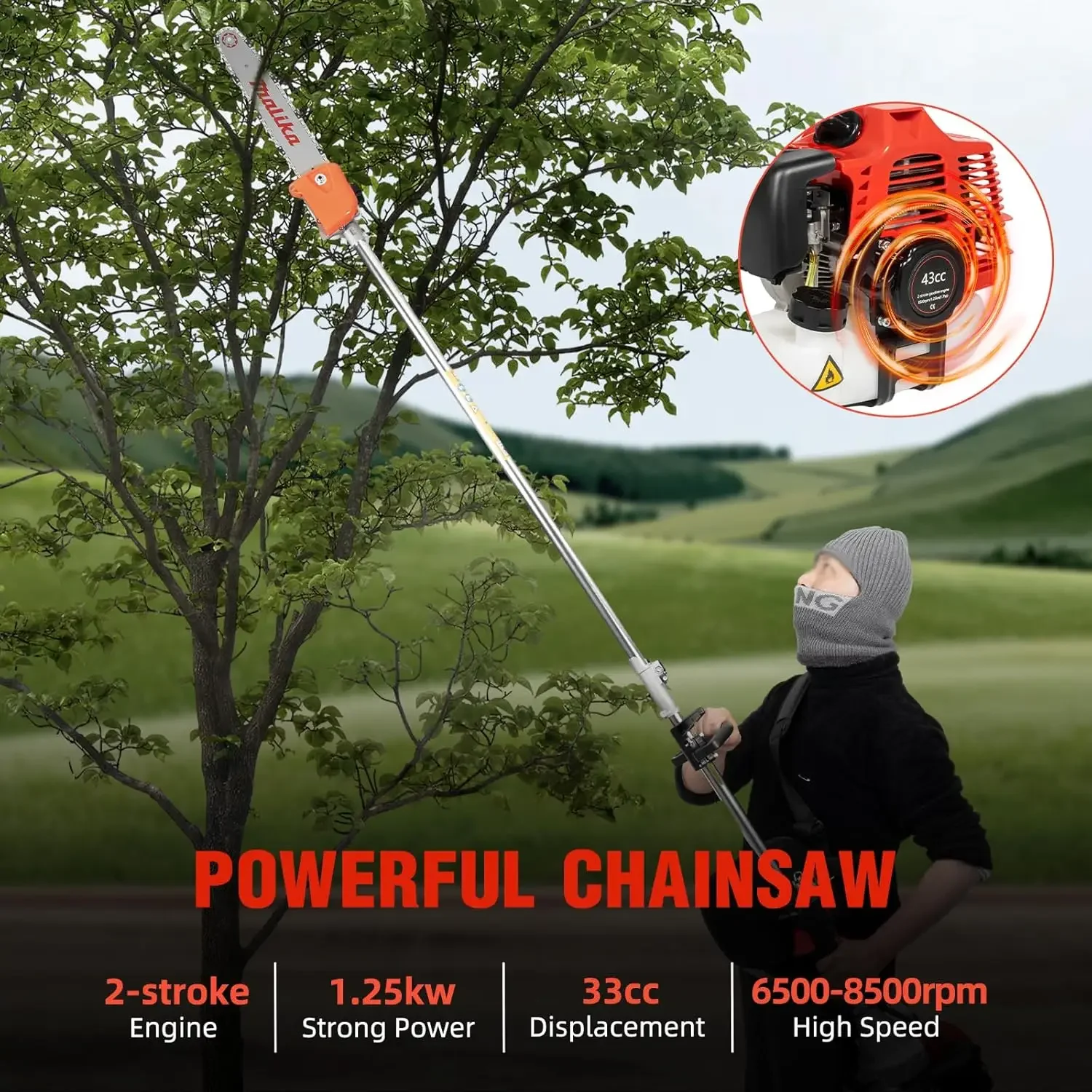 42.7CC 2 Stroke Gas Pole Saw, Powerful Pruner Chainsaw for Tree Trimming Trimmer with Extendable Long Reach Pole Chain Saw Bush